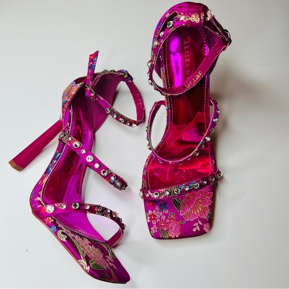 Azalea Wang Heels Hot Pink Brocade Embellished Embroidered Stiletto Heels 8.5 - Picture 2 of 11